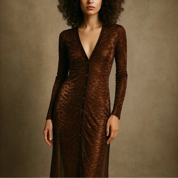 JEAN PAUL GAULTIER x FUZZI Mesh Animal Print Button Down Long Sleeve Midi Dress - Picture 1 of 10